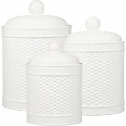 Home-Essentials Storage & Organization Home Essentials Set Of 3 Basket Weave Embellished Canister