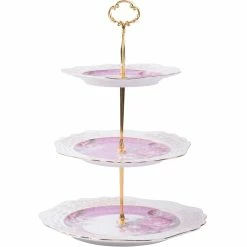 Home-Essentials Kitchen & Dining Home Essentials 3-Tier Pierced Pink Rose Round Cake Stand