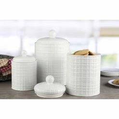 Home-Essentials Storage & Organization Home Essentials White Round Gridline Canisters - Set Of 3