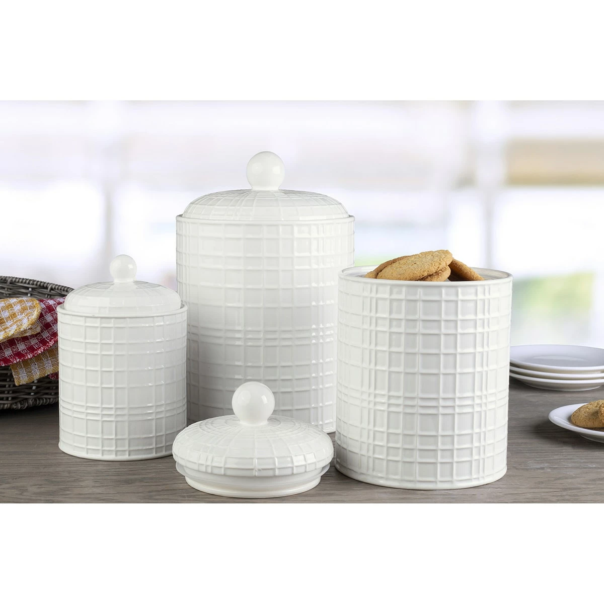 Home-Essentials Storage & Organization Home Essentials White Round Gridline Canisters - Set Of 3 3 Home-Essentials Storage & Organization Home Essentials White Round Gridline Canisters - Set Of 3