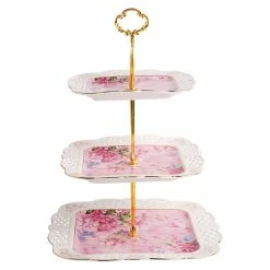 Home-Essentials Kitchen & Dining Home Essentials 3-Tier Pierced Pink Rose Square Server