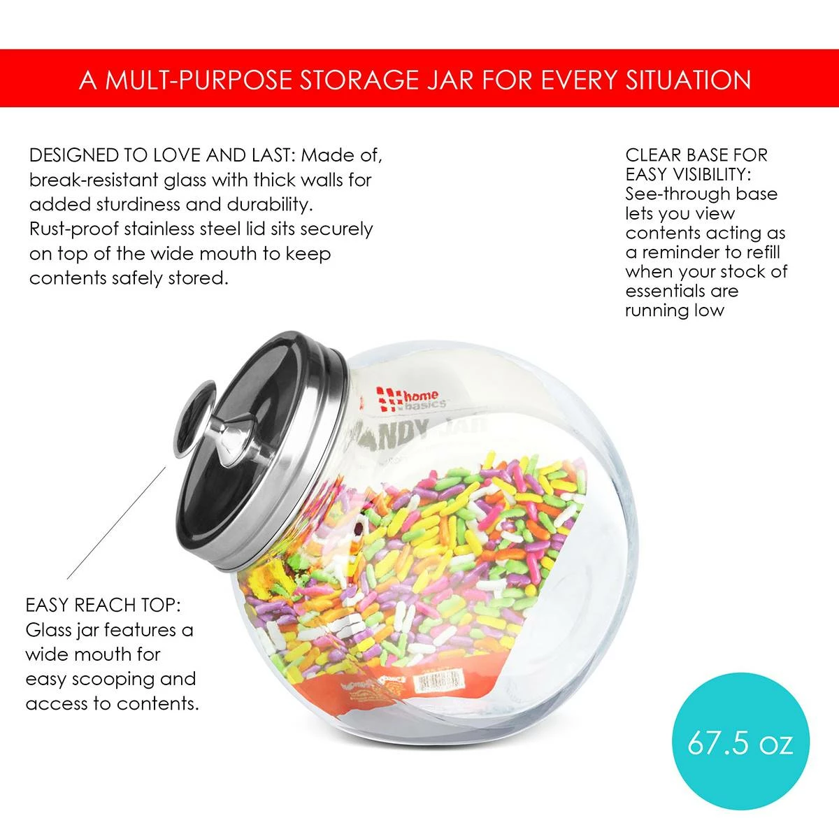 Home-Basics Storage & Organization Home Basics 67.5oz. Round Glass Candy Jar 3 Home-Basics Storage & Organization Home Basics 67.5oz. Round Glass Candy Jar - Image 2