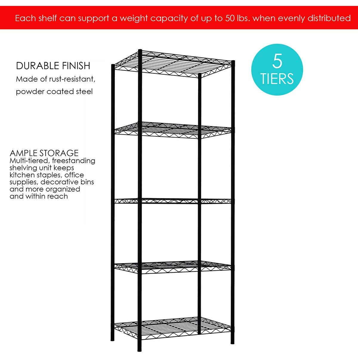 Home-Basics Storage & Organization Home Basics 5 Tier Black Steel Wire Shelf 5 Home-Basics Storage & Organization Home Basics 5 Tier Black Steel Wire Shelf - Image 3